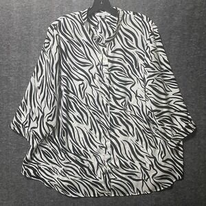 Rose‎ Olive Top Women 2X Black White Zebra Print Button Band Collar Tunic Flowy